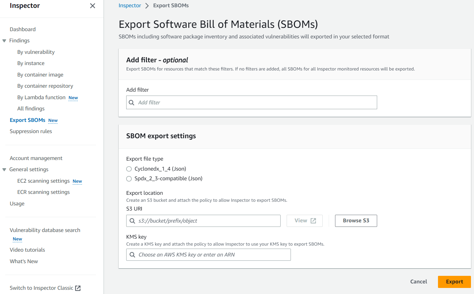 Export a Software Bill of Materials using Amazon Inspector